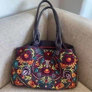 Isabella Fiore Rachel Purple Leather Embroidered Tote